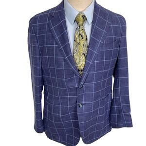LBM 1911 Blazer Mens 40R Blue Windowpane Plaid Wool Silk Linen Bespoke Italy